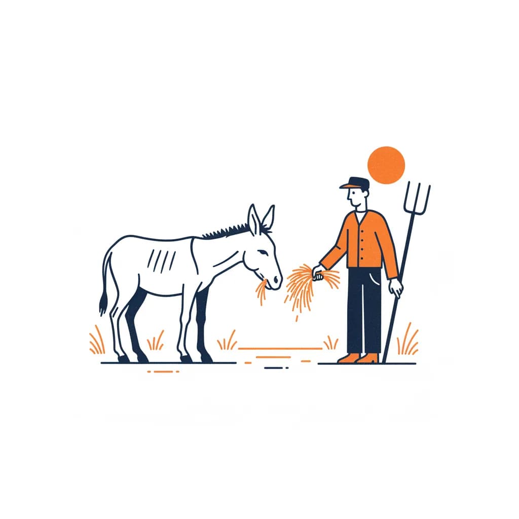 Illustratie: Als een ezel honger heeft, eet hij wat zijn meester geeft