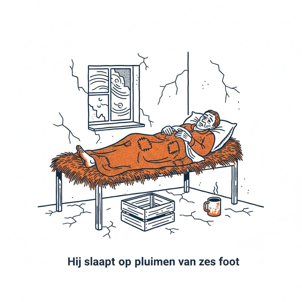Hij slaapt op pluimen van zes voet